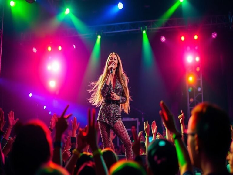 A vibrant image of Delta Goodrem performing on stage, with colorful stage lights enhancing her energetic presence.