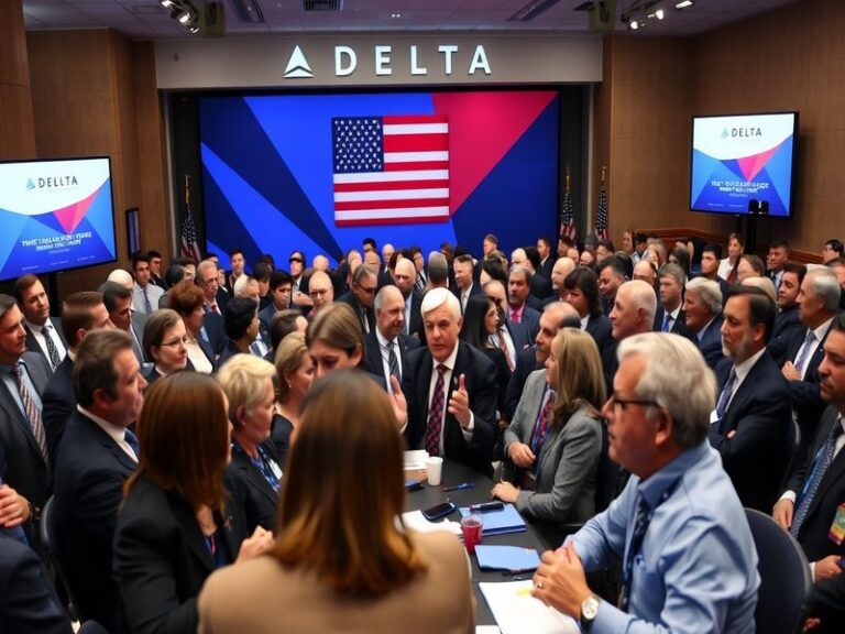 A split-image visual: on the left, Delta Air Lines planes parked at a busy airport gate under stormy skies; on the right, a v