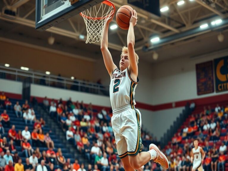 An action shot of Jackson Shelstad playing basketball, showcasing his shooting form on the court, with fans cheering in the b