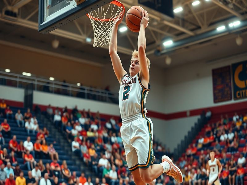 An action shot of Jackson Shelstad playing basketball, showcasing his shooting form on the court, with fans cheering in the b
