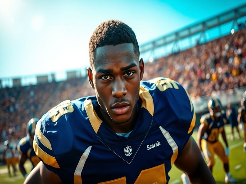 An action shot of Derion Kendrick in his football gear during a game, showcasing his focus and athleticism on the field.
