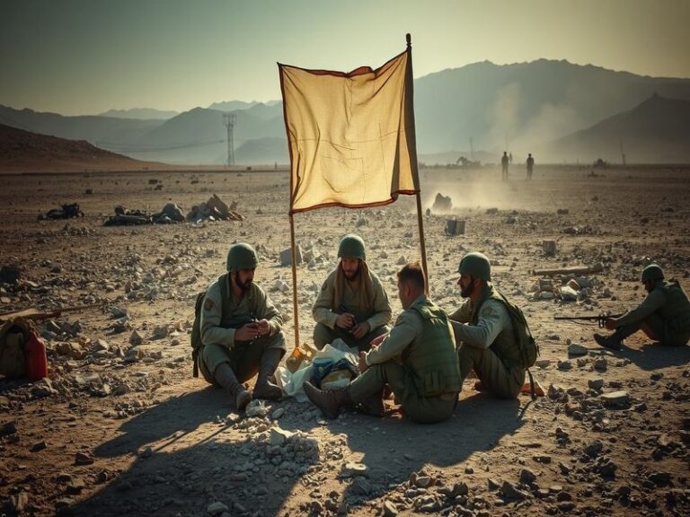A poignant image depicting a ceasefire scenario, featuring soldiers shaking hands amidst a backdrop of a war-torn landscape,