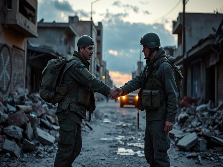 A split-image contrasting a war-torn city under ceasefire (silhouettes of soldiers and civilians in the distance) with a huma