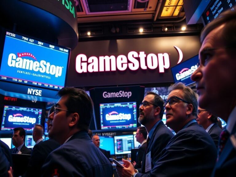 A dynamic graphic illustrating GameStop's stock performance trends, showcasing both upward and downward movements, with a bac