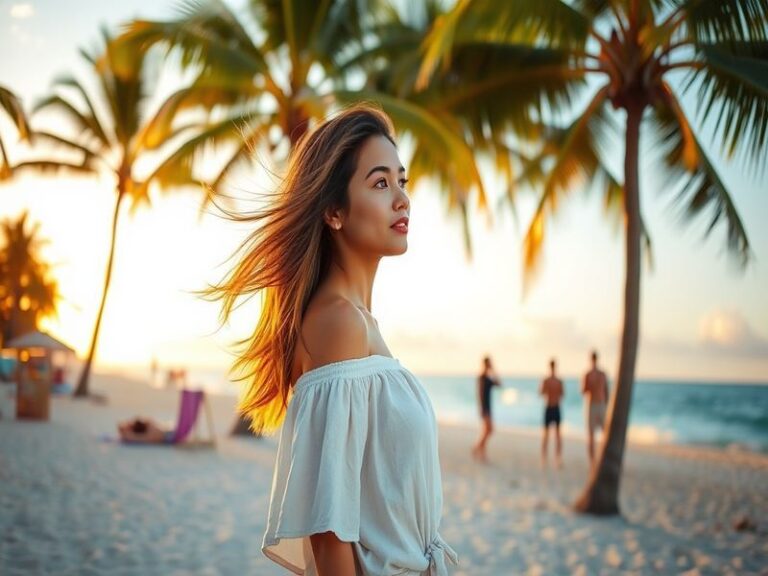A vibrant tropical setting with lush greenery and a serene beach, capturing the essence of paradise where Alex's journey unfo