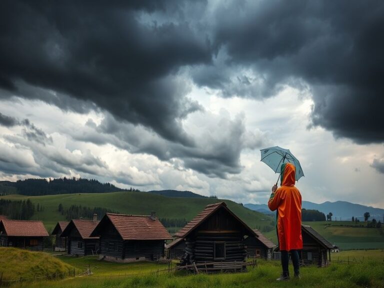 Un peisaj urban cu cer noros și câțiva stropi de ploaie, simbolizând prognoza vremii variate.