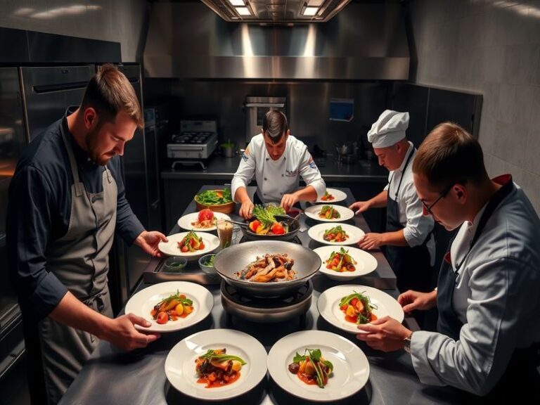 A dynamic kitchen scene with contestants cooking under the watchful eyes of esteemed judges, showcasing vibrant ingredients a