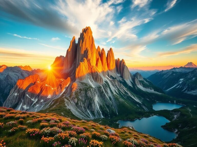 A panoramic view of the Dolomites at sunset, showcasing the dramatic peaks and lush green valleys, with a serene alpine lake