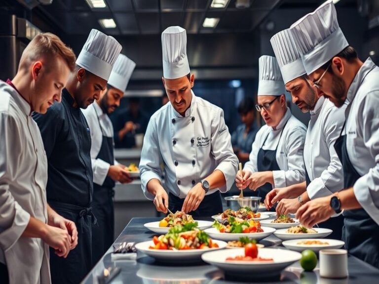 A sleek, high-energy kitchen set with three judges tasting dishes under bright professional lighting, contestants in white co