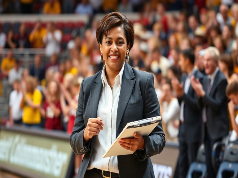An action shot of Kristy Curry coaching on the sidelines during a college basketball game, with players engaged and focused i