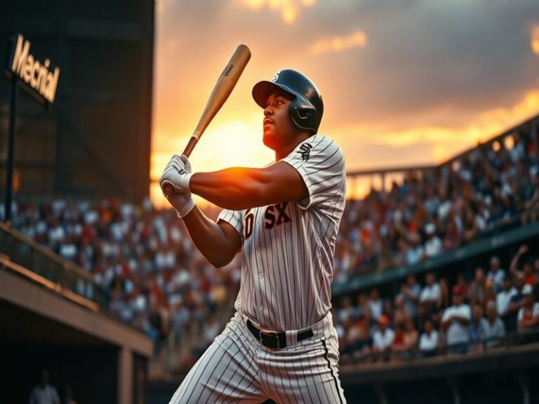 A dynamic image of Frank Thomas in action during a baseball game, showcasing his powerful swing, with fans cheering in the ba