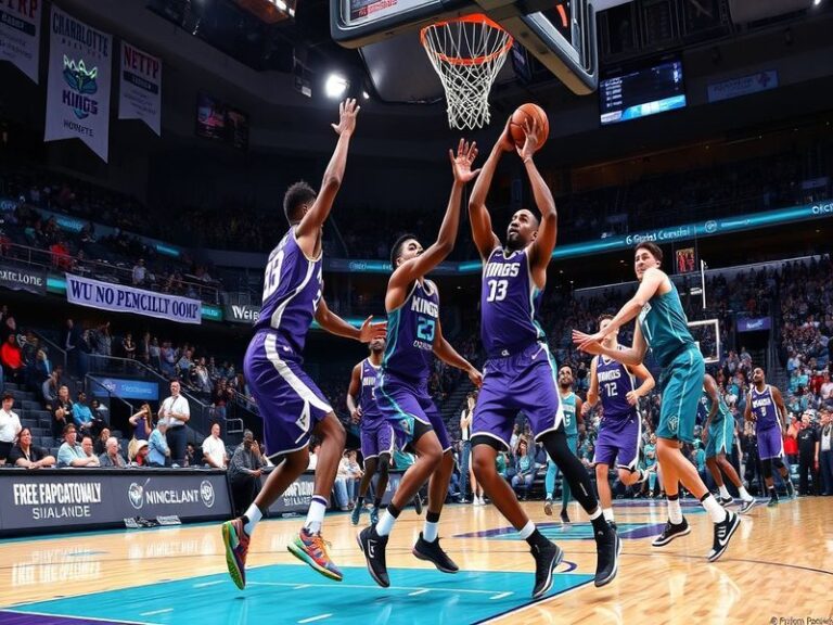 An action shot of a Kings player driving towards the basket against a Hornets defender, capturing the intensity of the game.