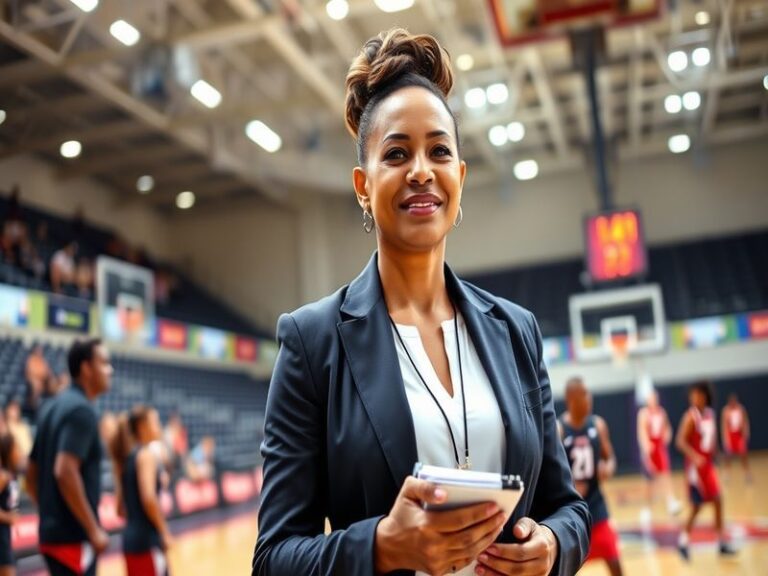 A dynamic action shot of Kristy Curry coaching during a game, showcasing her intensity and focus, with players in the backgro