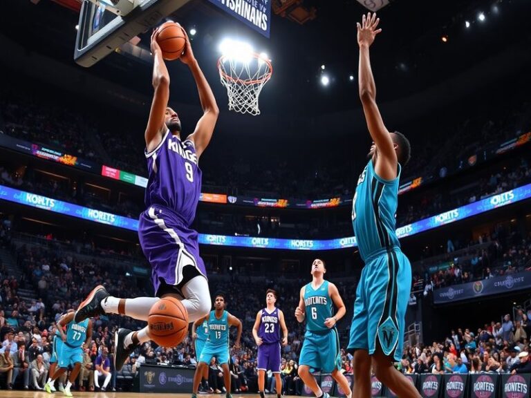 An action shot of the Kings and Hornets players on the court, showcasing intense gameplay and fan engagement.