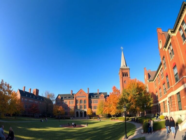 A scenic view of Denison University's campus featuring historic buildings, students engaged in outdoor activities, and lush g