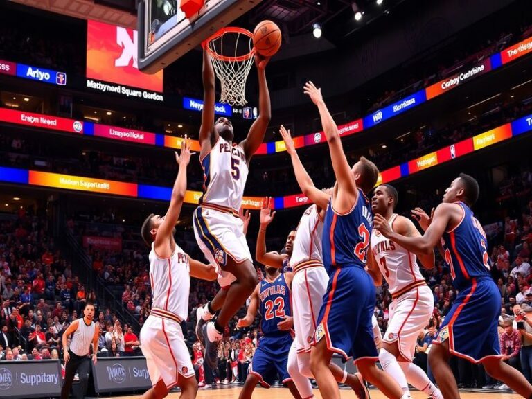 A split-screen image showing Madison Square Garden in New York with a packed crowd and Smoothie King Center in New Orleans wi