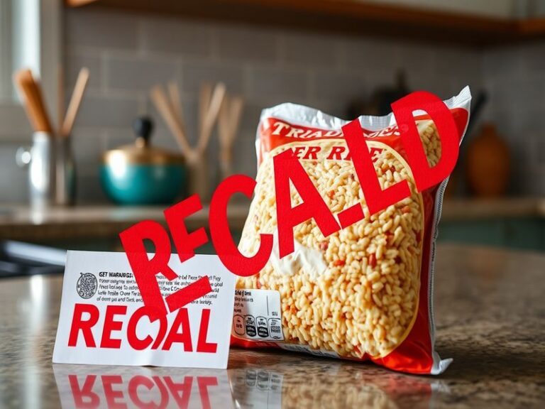 An image of Trader Joe's fried rice packaging with a bold recall notice, set against a kitchen background.
