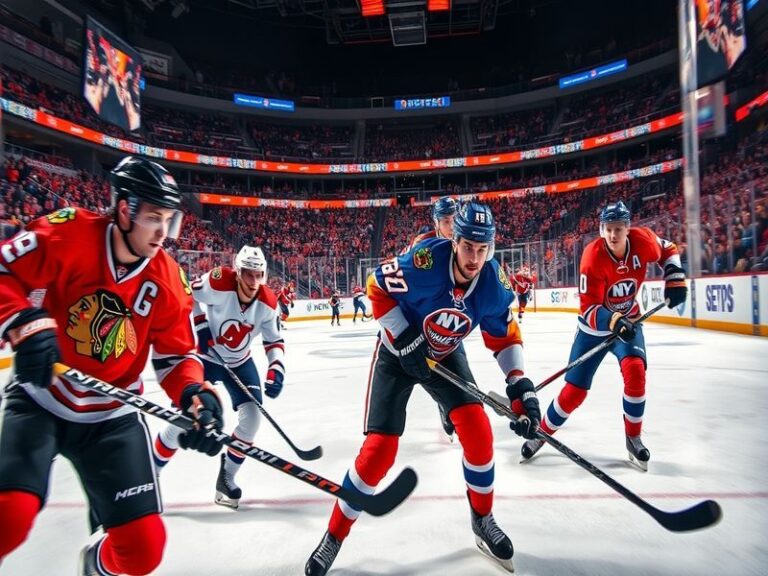 An intense hockey match scene showing Blackhawks and Islanders players battling for the puck, with fans cheering in the backg