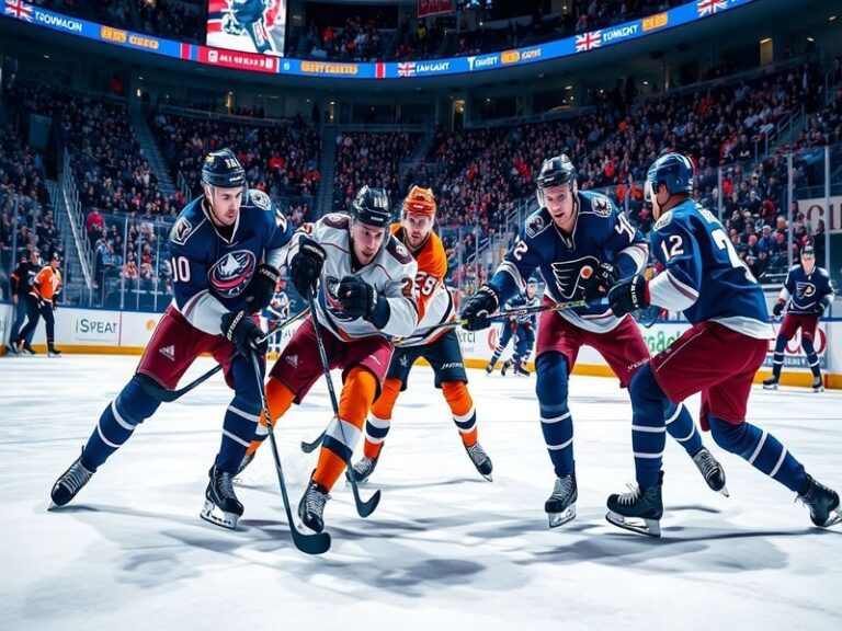 An action shot of a Blue Jackets vs Flyers game, showcasing players in intense competition, with fans cheering in the backgro