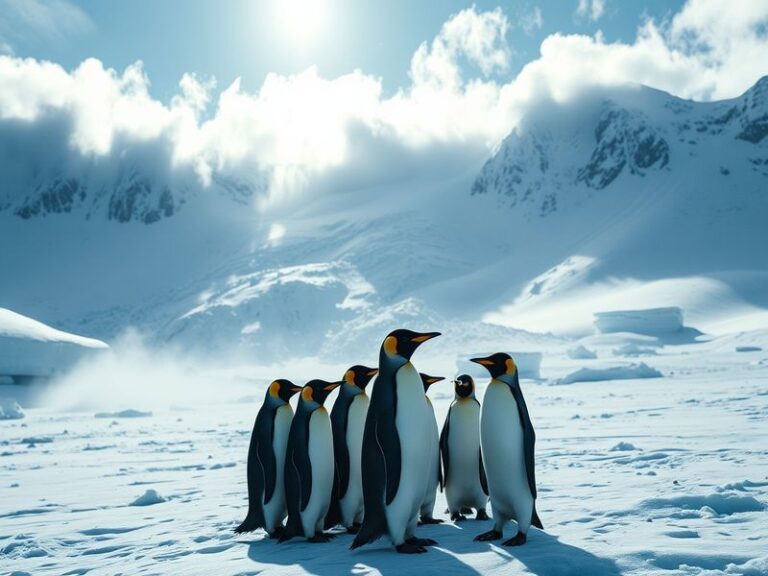 A dramatic scene depicting an avalanche cascading down a mountain, juxtaposed with a colony of penguins huddled together on a