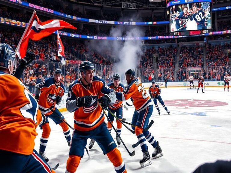 A fast-paced NHL game between the Columbus Blue Jackets and Philadelphia Flyers, with players in action on the ice, bright ar