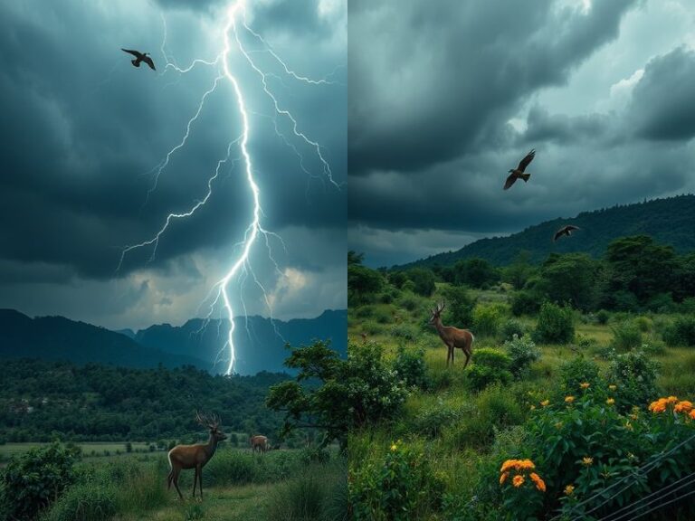 A dramatic landscape showcasing a wild forest with a lightning bolt striking in the distance, capturing the raw energy and be