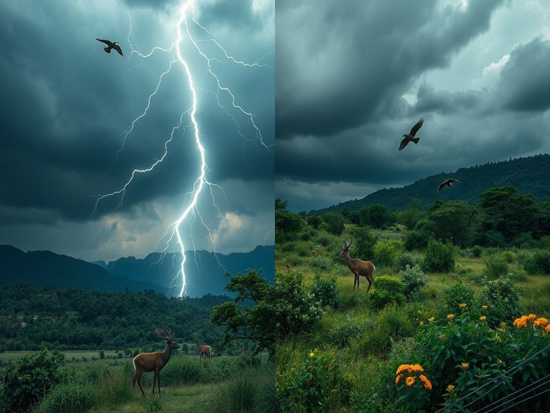 A dramatic landscape showcasing a wild forest with a lightning bolt striking in the distance, capturing the raw energy and be