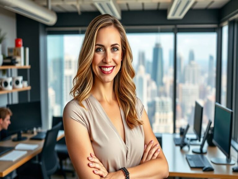 A dynamic portrait of Jessi Draper, showcasing her in a professional setting, engaged in conversation with entrepreneurs, set