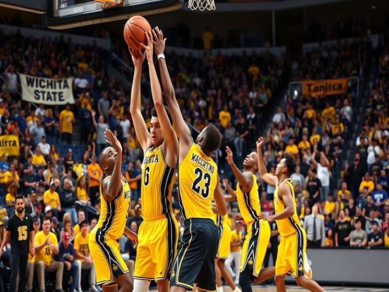 A vibrant basketball arena filled with fans wearing Wichita State and Tulsa colors, showcasing the energy and excitement of a