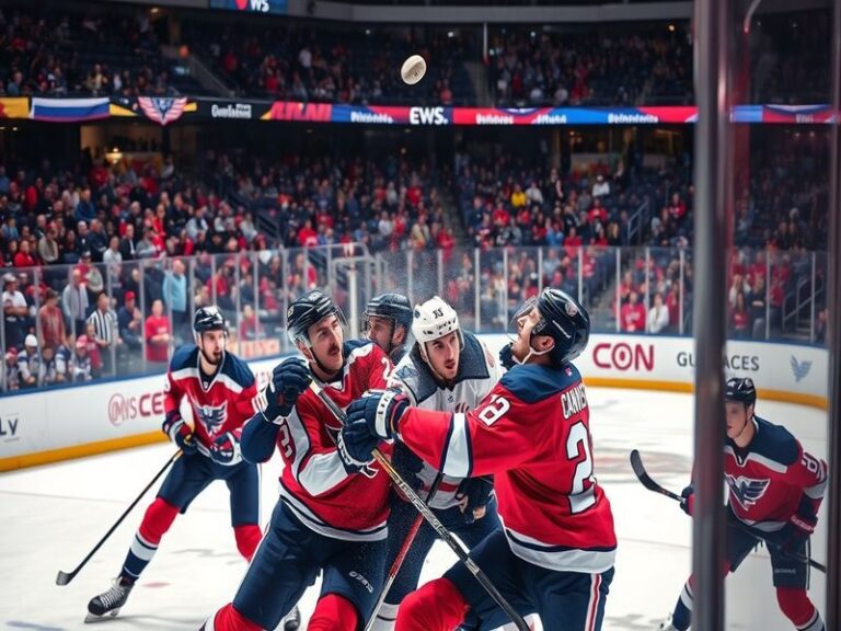 An action-packed scene from a Capitals vs Blues game, featuring players battling for puck control, with fans cheering in the