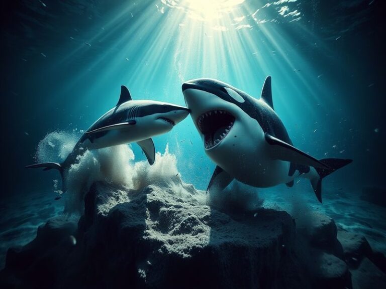 An underwater scene depicting a shark and an orca in their natural habitat, highlighting the tension of predator dynamics.