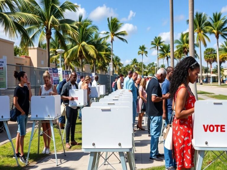 A vibrant image showing a polling station in Florida during a special election, with voters casting their ballots and campaig