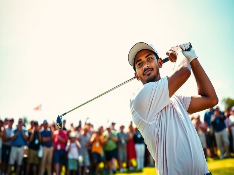 A dynamic action shot of Sahith Theegala mid-swing on a lush green golf course, wearing a white cap and focused expression, w
