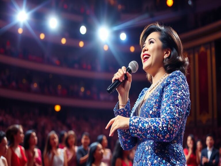 A vibrant portrait of Lea Salonga performing on stage, showcasing her expressive face and elegant attire, with dramatic stage