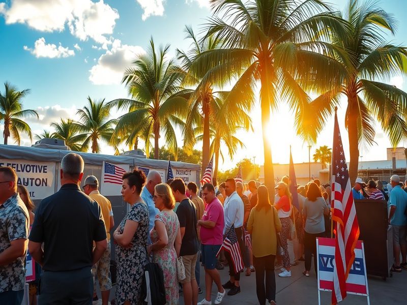 A vibrant polling station in Florida, bustling with voters casting their ballots, showcasing a diverse group of people engage