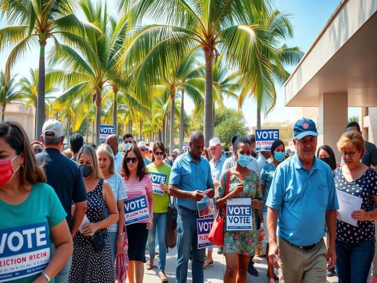 A vibrant illustration depicting a diverse group of Floridians voting, set against a backdrop of iconic Florida landmarks, ca