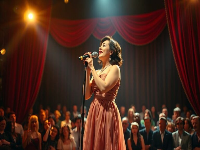 A vibrant performance shot of Lea Salonga singing on stage, with bright lights and an enthusiastic audience capturing the ene