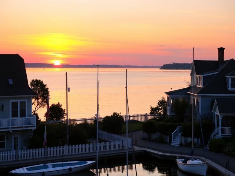 A serene aerial view of Sag Harbor’s waterfront at dusk, featuring historic whaling buildings, sailboats in the harbor, and g