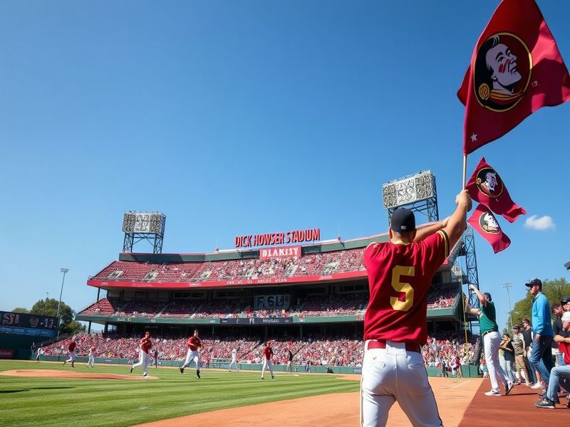 A vibrant scene at Dick Howser Stadium during a Florida State University baseball game, showcasing excited fans and players i