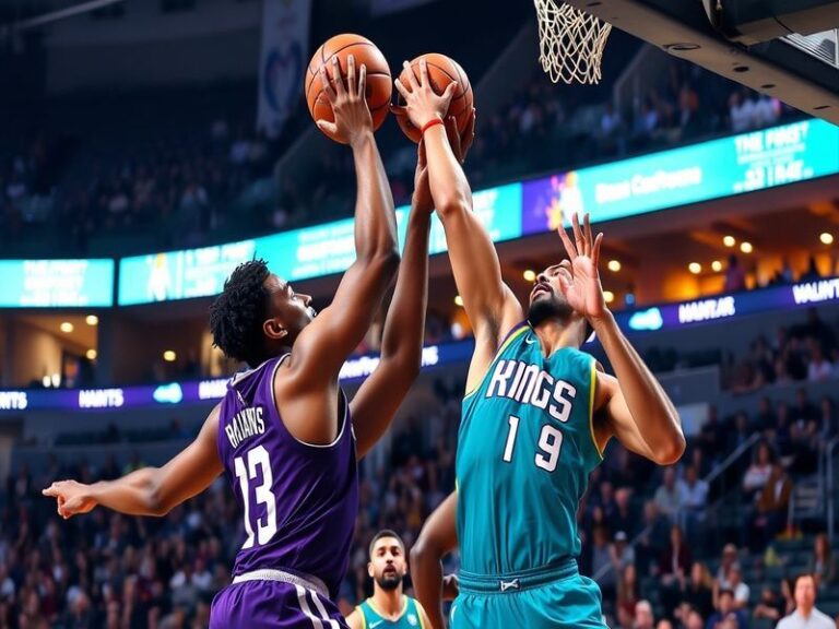 An action-packed scene from a Hornets vs. Kings game, showcasing players in motion, the crowd's excitement, and the vibrant t