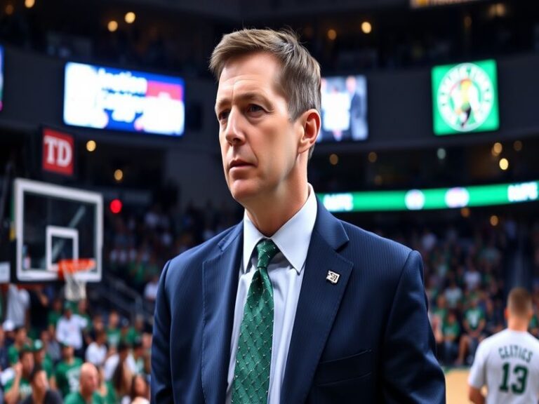 Brad Stevens in a dark suit speaking at a podium during a Celtics press conference, with Jayson Tatum visible in the backgrou