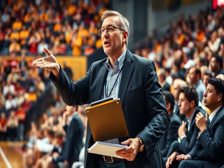 A dynamic image of T.J. Otzelberger coaching during a basketball game, showcasing his intense focus and engagement with playe