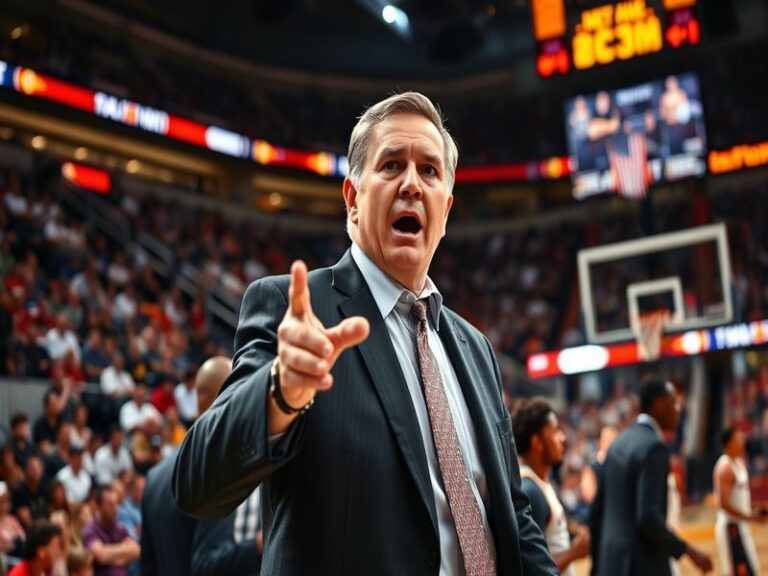 A portrait of Billy Donovan on the basketball court, with players in the background, showcasing an intense coaching moment du