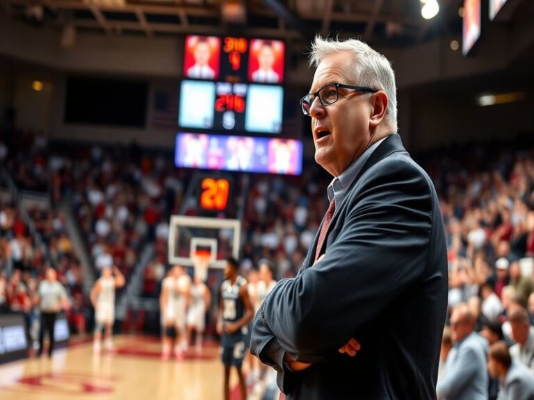 A dynamic image of Mark Byington coaching on the sidelines during a college basketball game, showcasing his focus and engagem