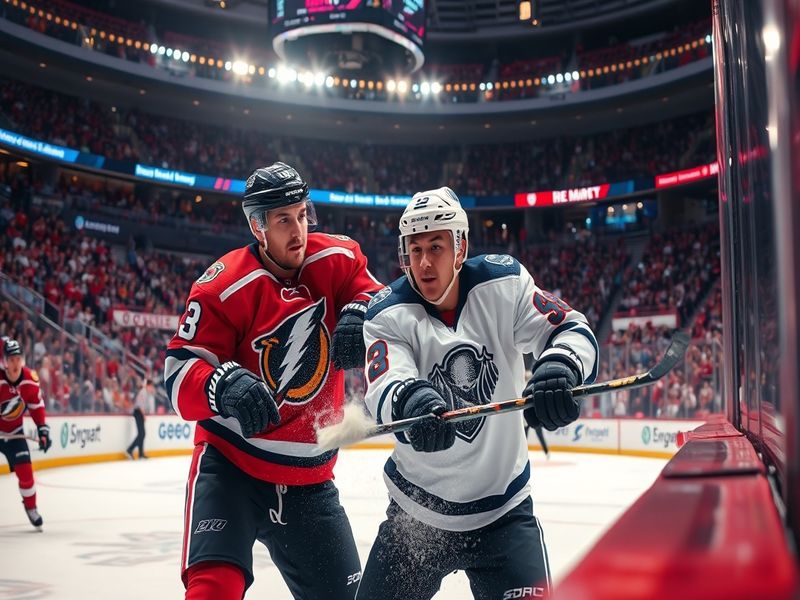 An action-packed image of an NHL game in progress, showcasing players in dynamic poses, the puck in motion, and an enthusiast