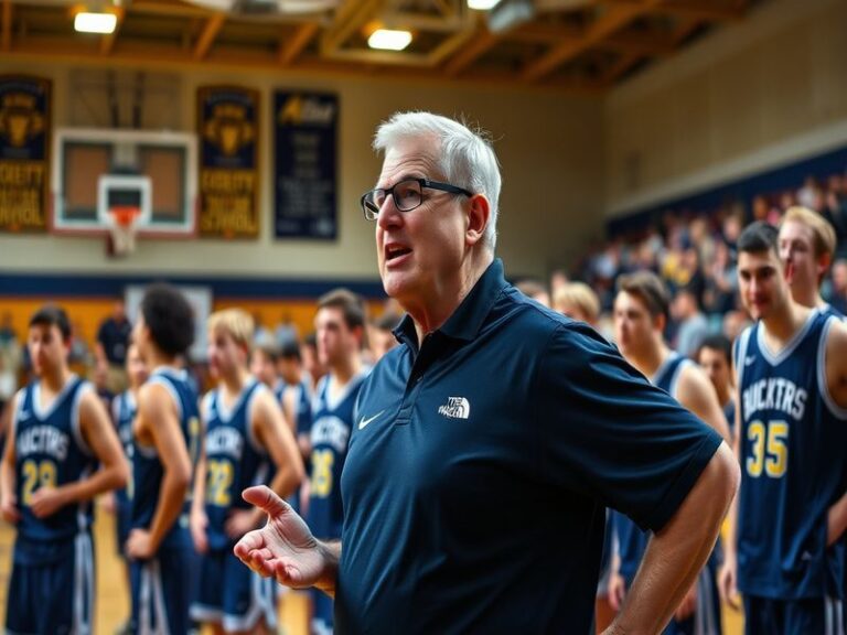 A dynamic image of Mark Byington coaching during a basketball game, showcasing his engagement with players and the energy of