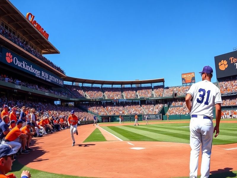 A vibrant scene of Clemson baseball fans cheering at Doug Kingsmore Stadium during a game, showcasing team spirit and excitem