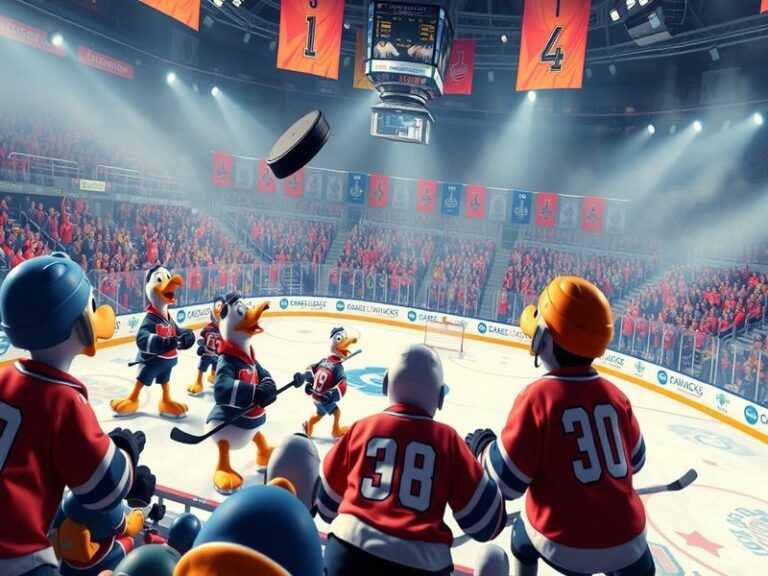 A dynamic image capturing a Ducks vs. Canucks game, showcasing players in action, enthusiastic fans in the stands, and team c