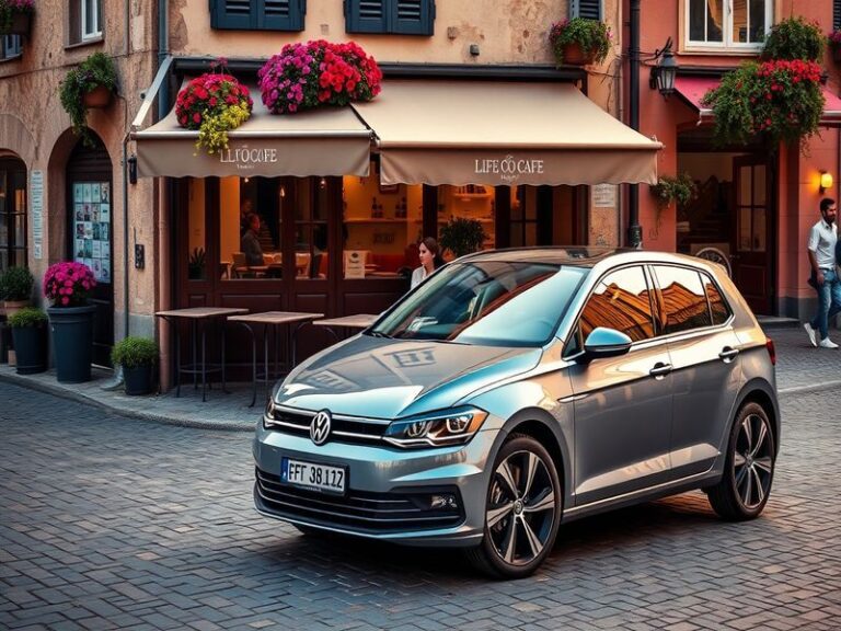 A modern Volkswagen electric vehicle parked in a scenic location, showcasing a blend of innovation and nature, with vibrant c