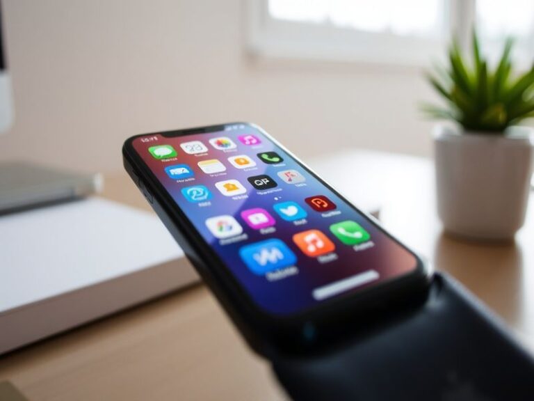 A sleek iPhone displaying the iOS 26.4 update screen, with subtle background lighting and a minimalist setup on a clean desk.